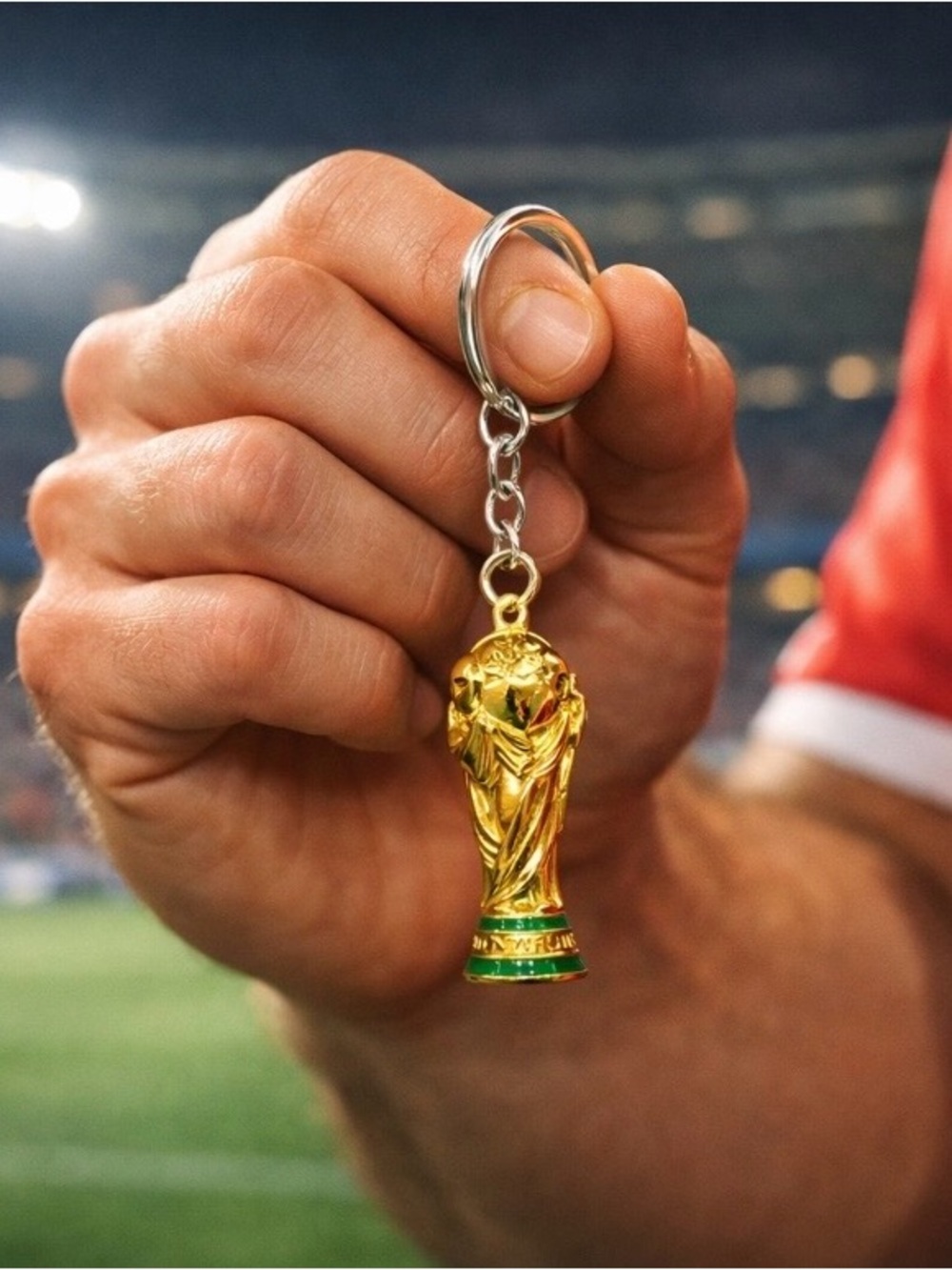 Gold World Cup Trophy Keychain with Green Accents - Men's Key Accessory